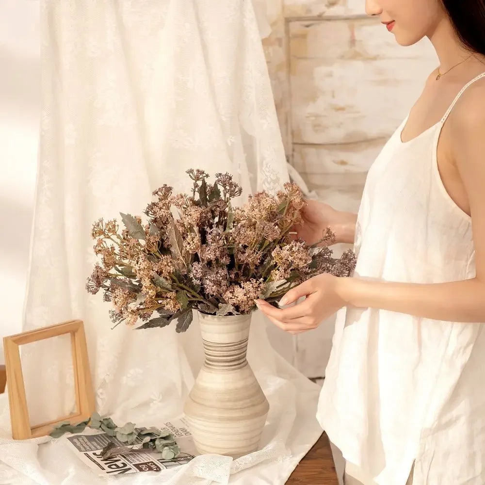 bouquet fleurs séchées marron feuilles vertes naturel rustique décoration intérieure 43cm 22cm
