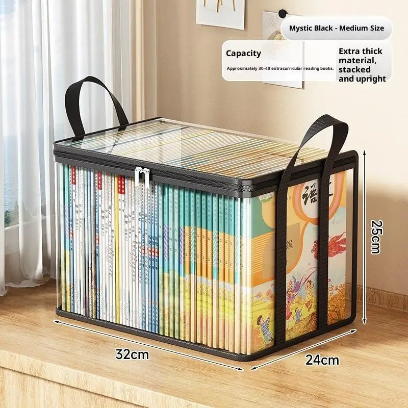 boîte rangement livres noir transparent moderne poignées amovibles couverture livres imprimees conteneur organisation durable