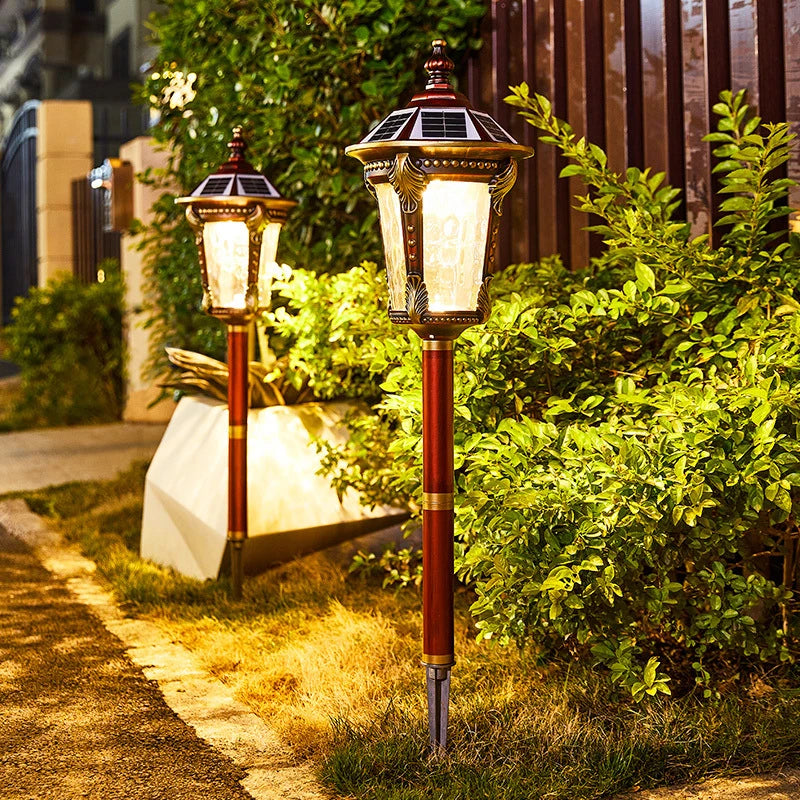 lampe solaire rouge dorée transparente motifs classique extérieur autonomie led ip65 aluminium