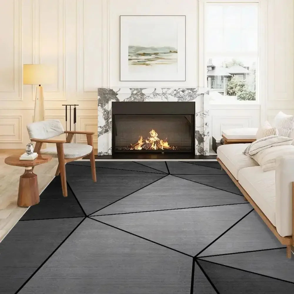 tapis géométrique noir gris moderne salon chambre prière durable anti salissure easy clean