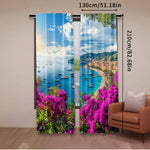 rideau moderne paysagiste bleu ciel nuages bateaux fleurs plage polyester 75x166cm
