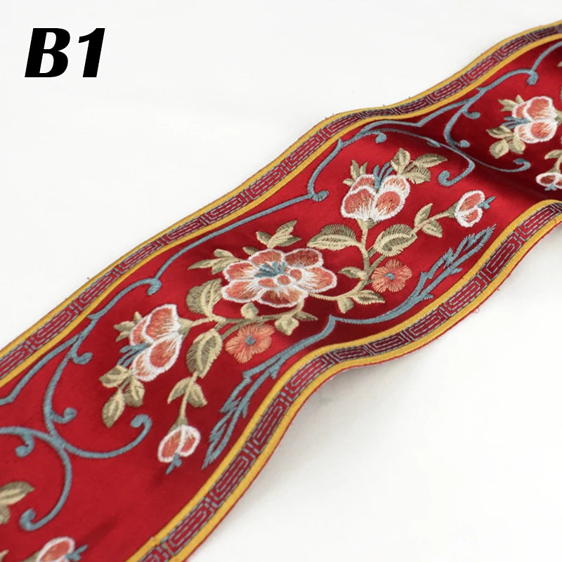 rubans décoratifs brodés fleurs feuilles oiseaux polyester large rouge bleu orange jaune marron gris