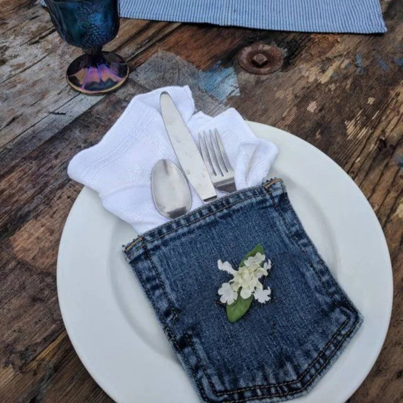 pochette jean bleu denim rustique porte couverts pochette mariage anniversaire noël occasionnelle cadeaux événementiels