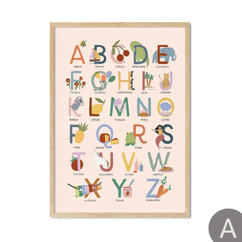 affiches alphabet chiffres illustration enfantine rose clair lettres numeros toile sans cadre moderne chambre