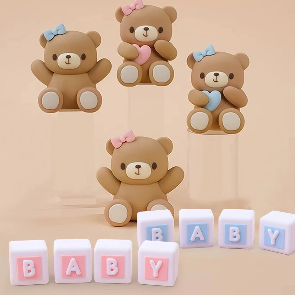 figurines nounours mignons lettres baby coeurs rubans decoration enfantine anniversaire rose blanc opaques