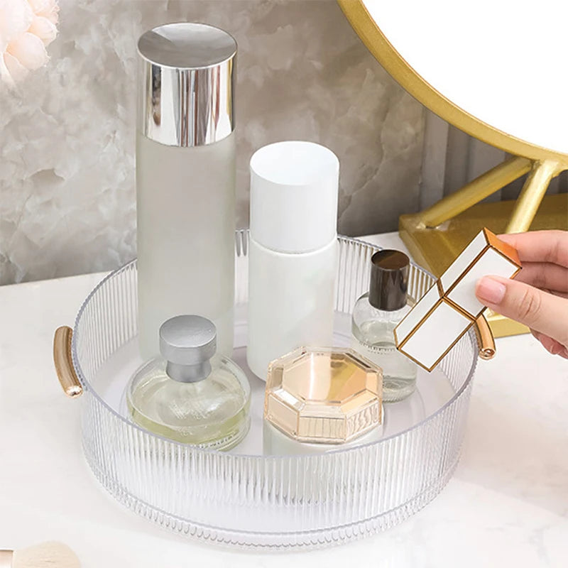 organisateur cosmétiques transparent moderne poignées dorées flacons lotion parfum crème nettoyant sérum baume moussant
