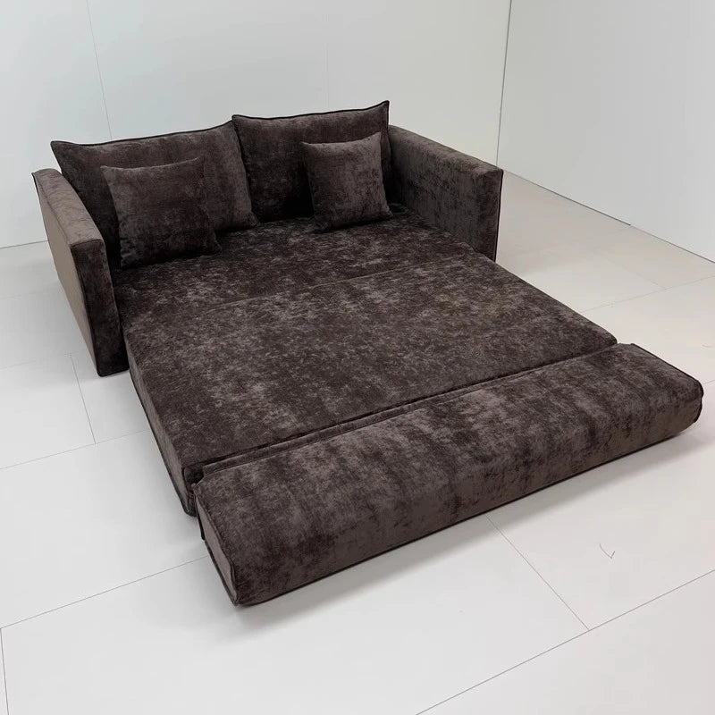 canapé lit marron velours moderne coussins oreillers bois éponge compression minimaliste scandinave