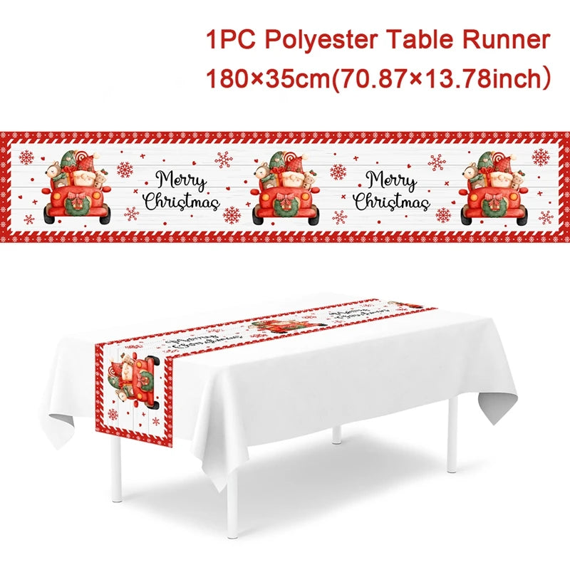table noel chemin rouge blanc sapins flocons guirlandes decorations festive