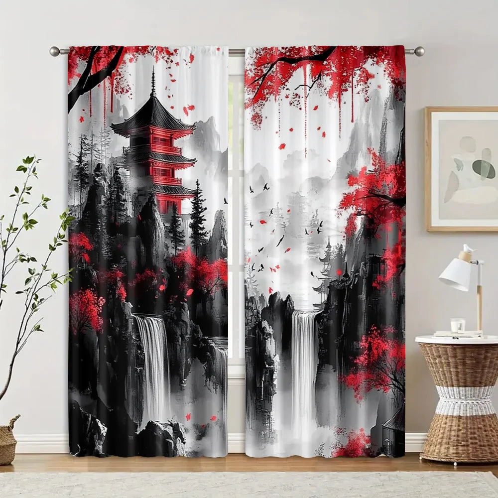 rideau moderne paysage abstrait pagode arbres cascades polyester rouge noir blanc
