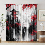 rideau moderne paysage abstrait pagode arbres cascades polyester rouge noir blanc