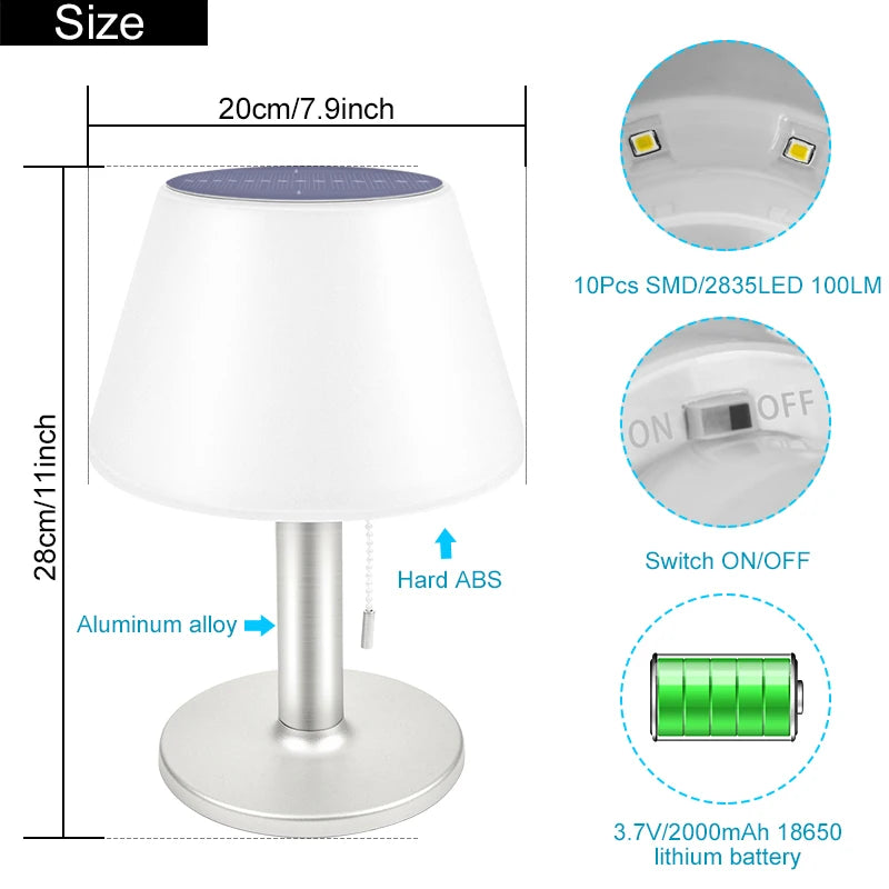 lampe table led solaire moderne blanc gris ip65 waterproof 10 leds 2000mah