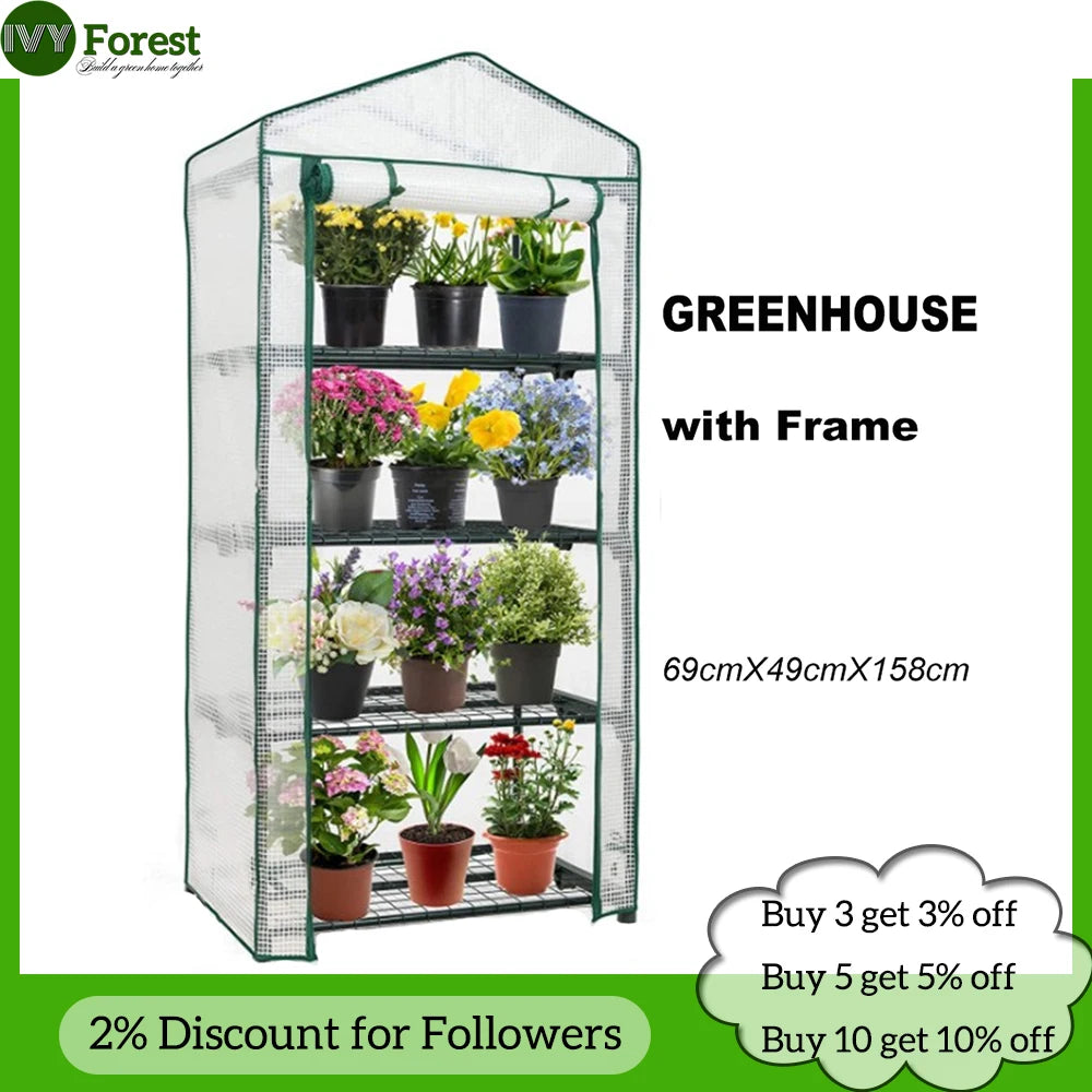 mini serre transparente étagères vertes jardin fleuri ventilation toit portableextérieurintérieur