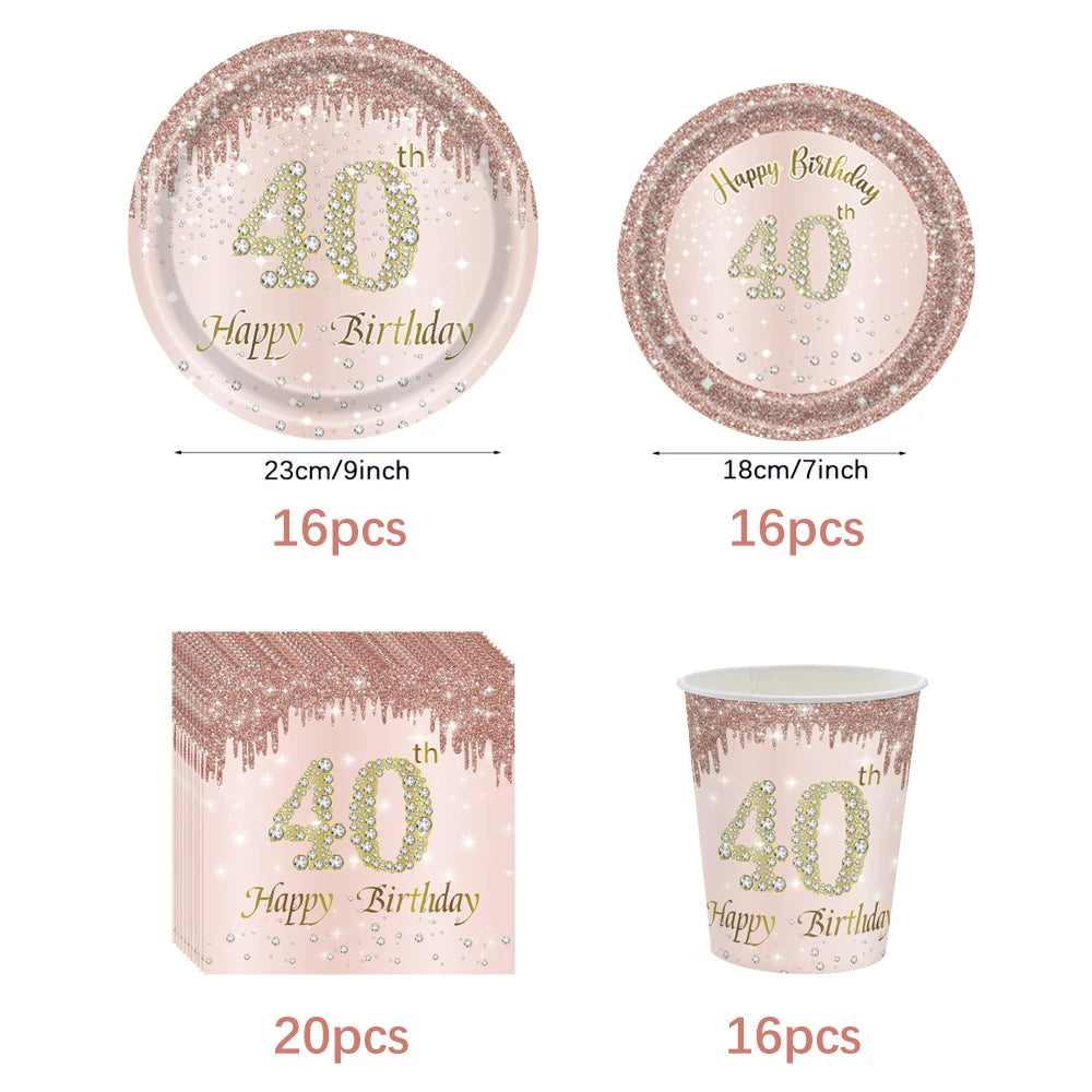 ensemble vaisselle jetable anniversaire rose gold assiettes serviettes gobelets pailles paillettes décoratif fête