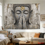 décoration murale toile fond statue bouddha mains jointes feuille or moderne chambre