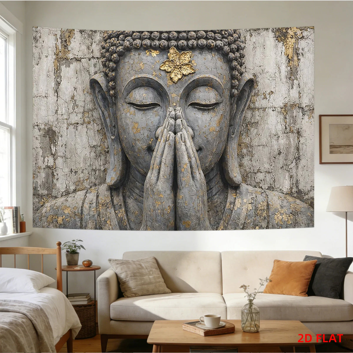 décoration murale toile fond statue bouddha mains jointes feuille or moderne chambre