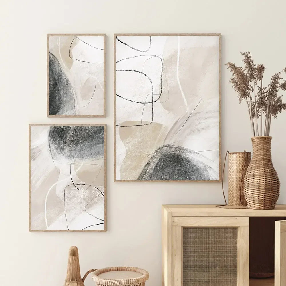 tableau abstrait motif beige gris toile coton texturée sans cadre moderne chambre salon decoration