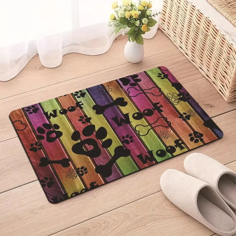 tapis absorbant antidérapant animaux violet bleu noir motif patte chien woof os floral