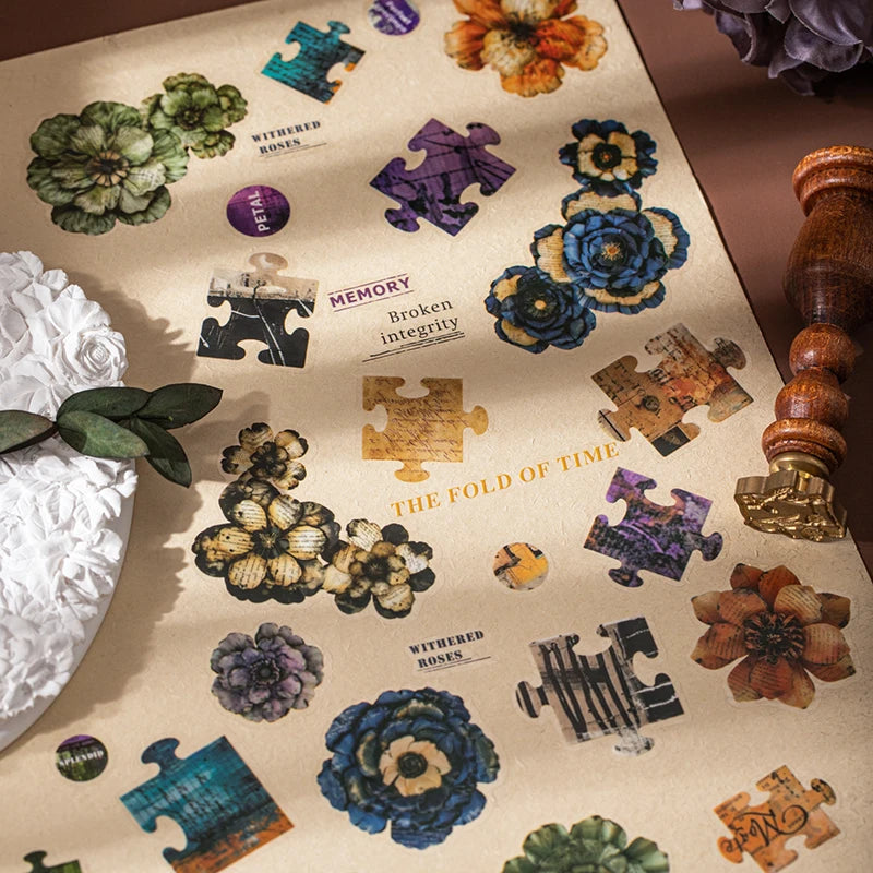 ruban décoratif multicolore fleurs puzzles adhésif vintage romantique scrapbook papeterie art fleurs imprimées