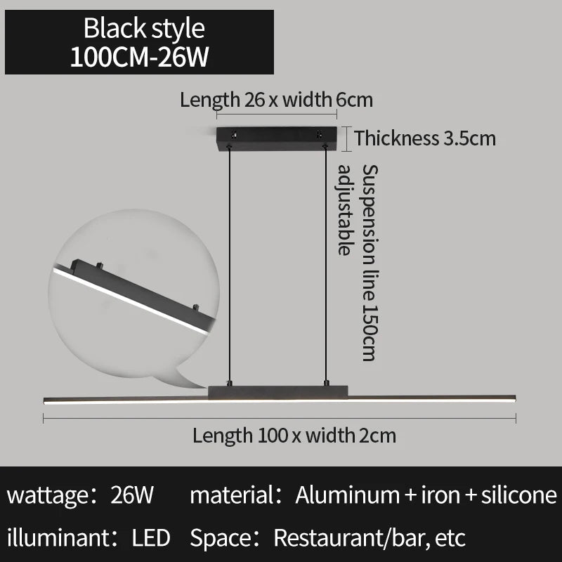 lampe suspendue moderne minimaliste noir salon chambre rectangulaire lisse éclairage 10 15m²