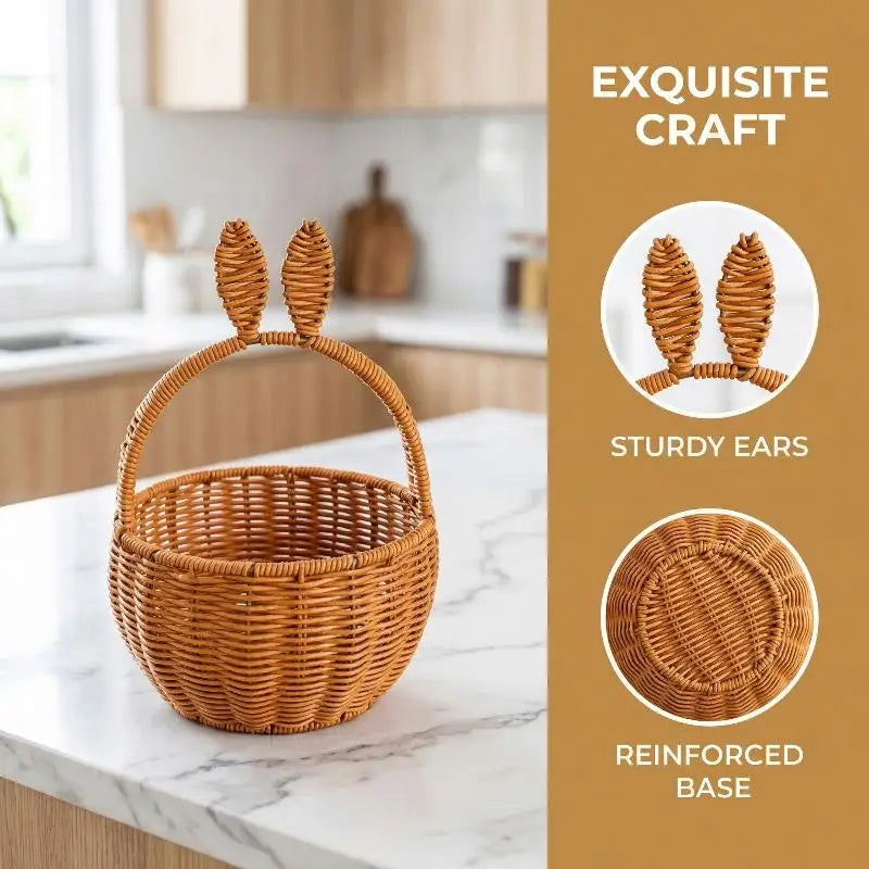 panier tressé marron clair oreilles lapin poignée traditionnel intérieur enfant livres fruits plantes chambre