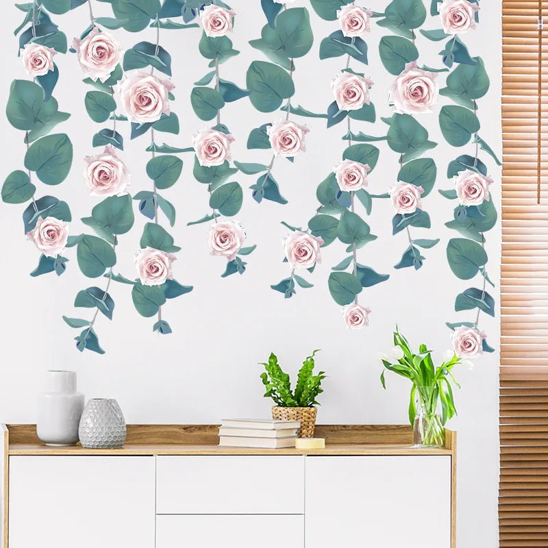 sticker mural floral feuilles vertes fleurs roses décoration intérieure moderne chambre salon autocollant pvcversible