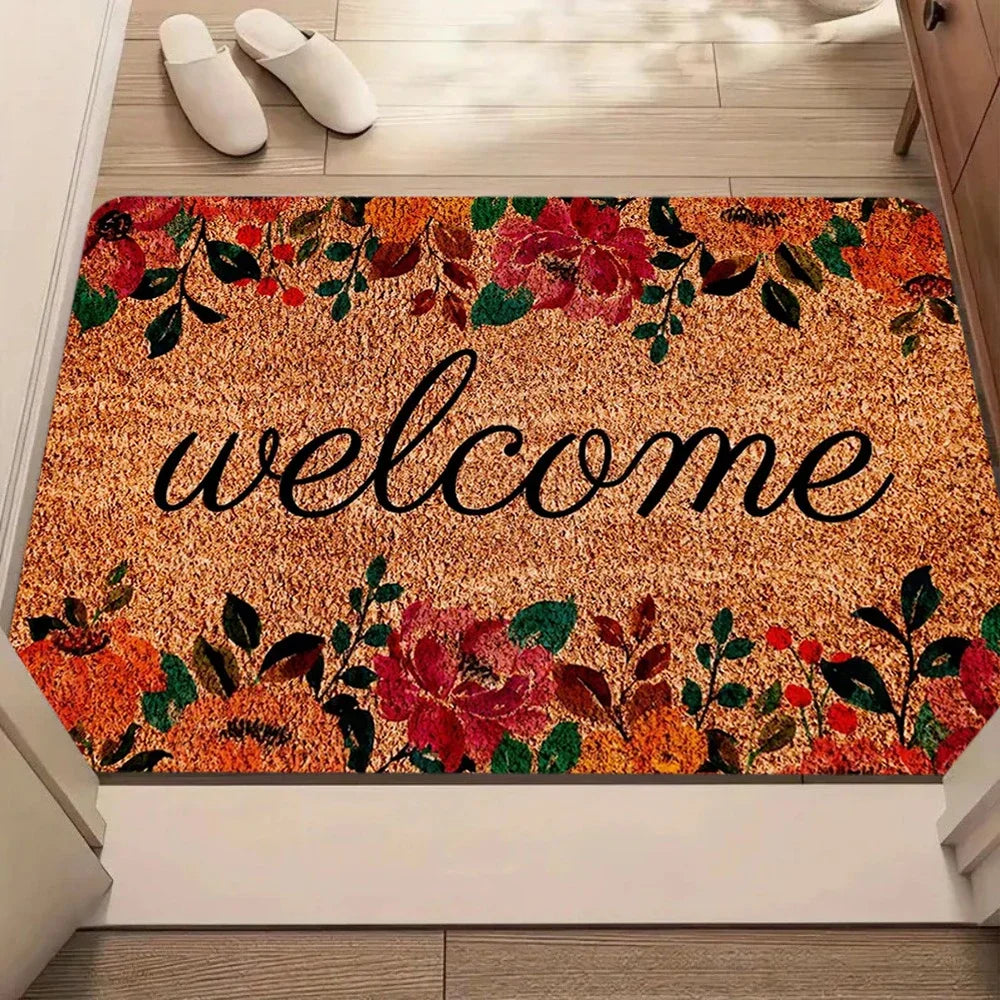 tapis d'entrée moderne fleurs colorées welcome résistant rides antidérapant marron rouge vert