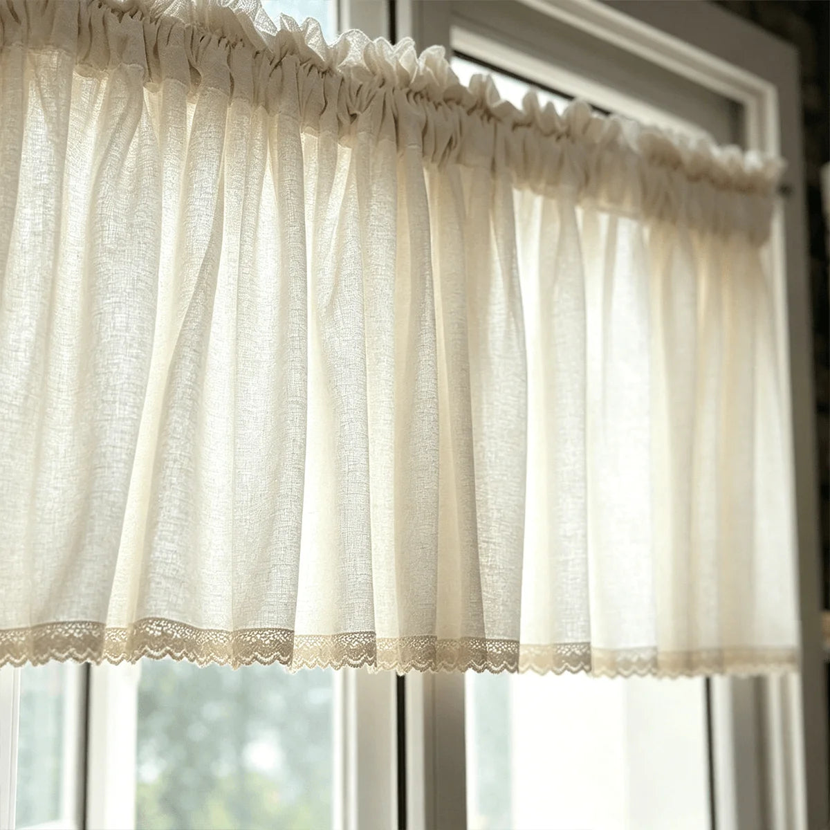 rideaux blanc cassé semi transparents rustique tissu texturé bordure dentelle fenêtre chambre salon japonais