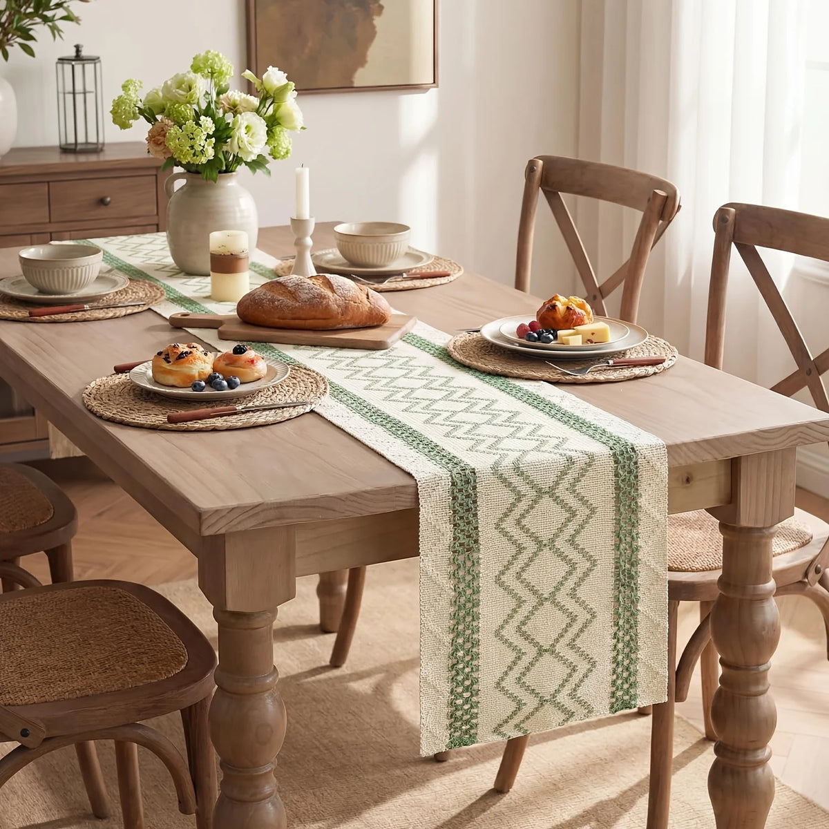 tableau décoratif chemin table zigzag vert fond beige dimension 180cm 33cm traditions fêtes années
