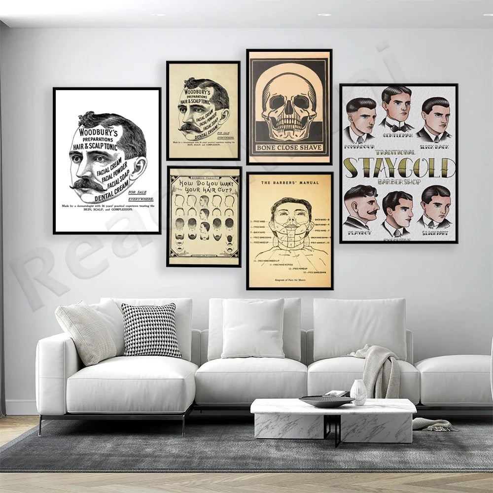 Une galerie vintage d'affiches de barbiers offre un style rétro élégant et une décoration murale intéressante dans ce salon lumineux et moderne.