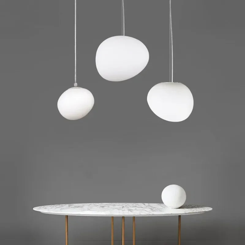 Suspension lumineuse moderne pierre verre blanc opaque câble suspendu chambre salon étude lumière chaude