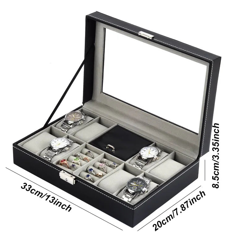 boîte rangement cuir noir montres bijoux élégante boutons fermeture moderne