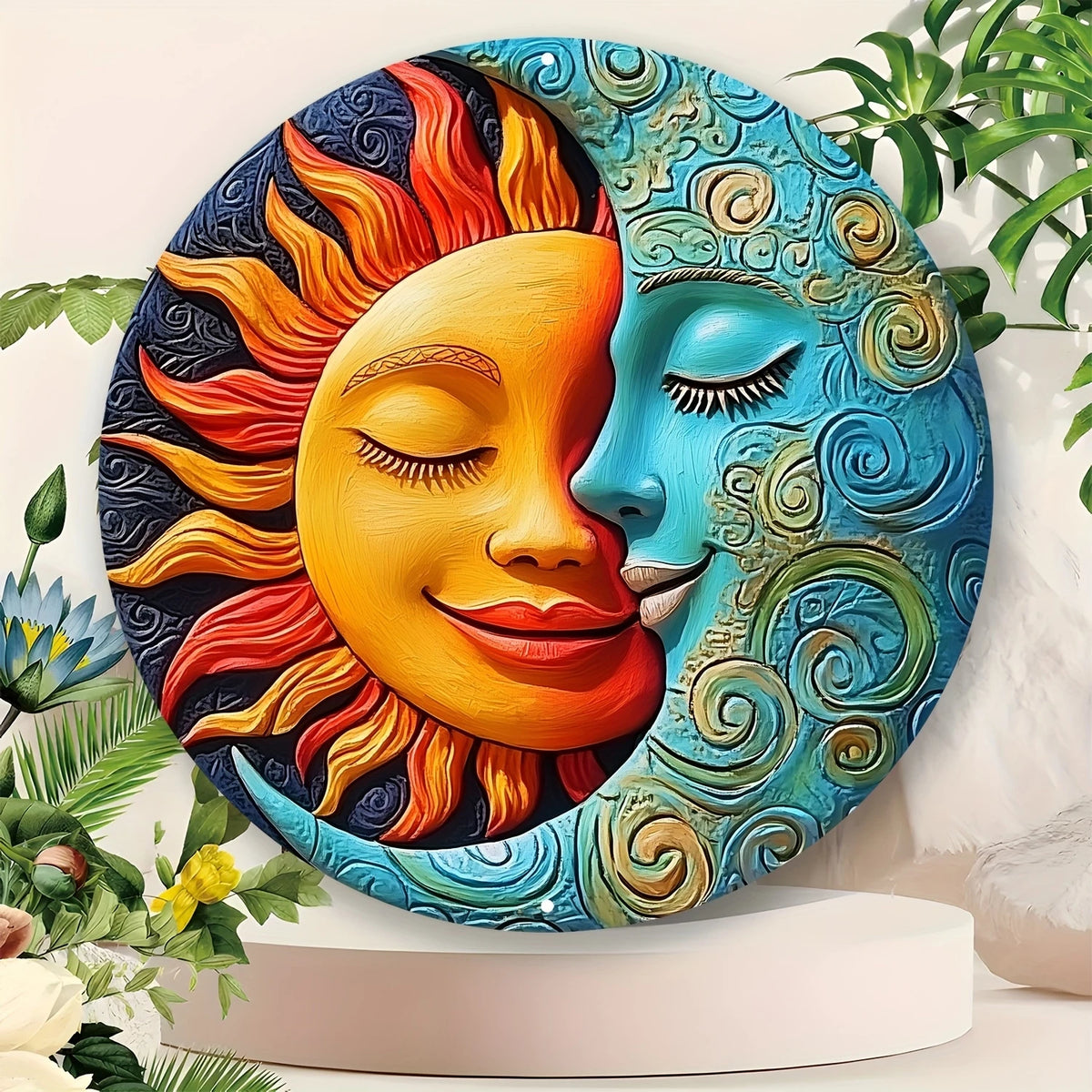 décoration murale bois soleil lune fleurs oiseaux étoiles or argent bleu rouge Jaune Blanc