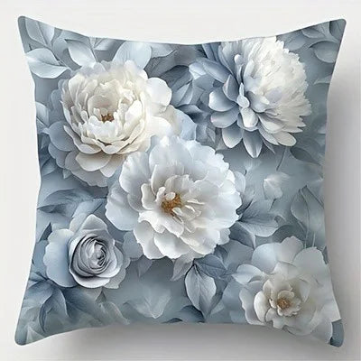 taies d'oreiller décoratives floral bleu clair fleurs blanches gris zipper closure polyester peachskin 45x45cm