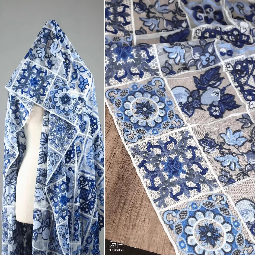 écharpe ethnique patchwork floral géométrique bleu gris blanc opaque traditionnelle française