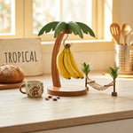 support bananes bois vert stylisé moderne feuilles palmiers anneaux métalliques deco cuisine
