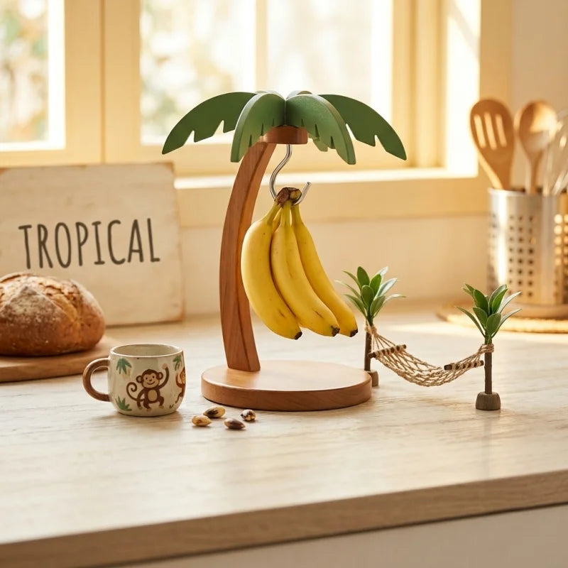 support bananes bois vert stylisé moderne feuilles palmiers anneaux métalliques deco cuisine