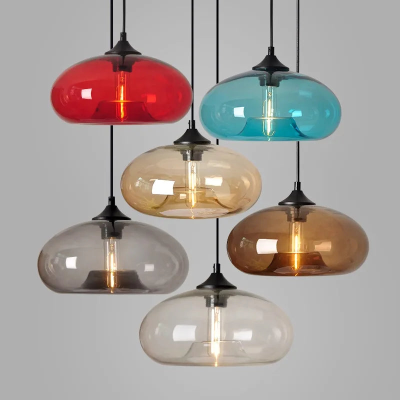 Suspension lumineuse verre soufflé moderne couleur transparent brun rouge bleu ampoule filament câble noir
