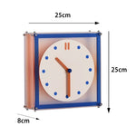 horloge murale double face moderne cadre transparent bleu orange aiguilles marron cadran blanc points