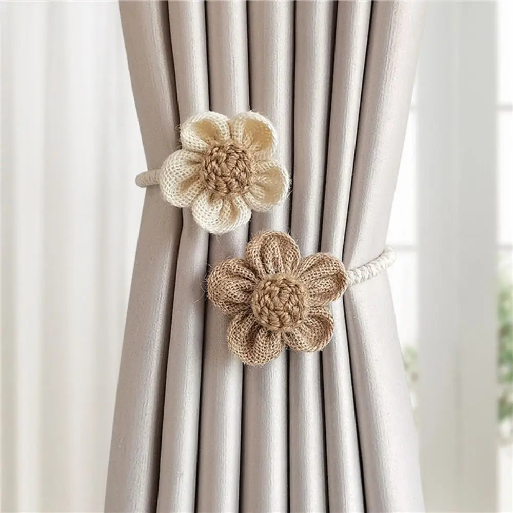 rubans rideaux fleurs tricotées beige blanc décoratifs rustiques opaques