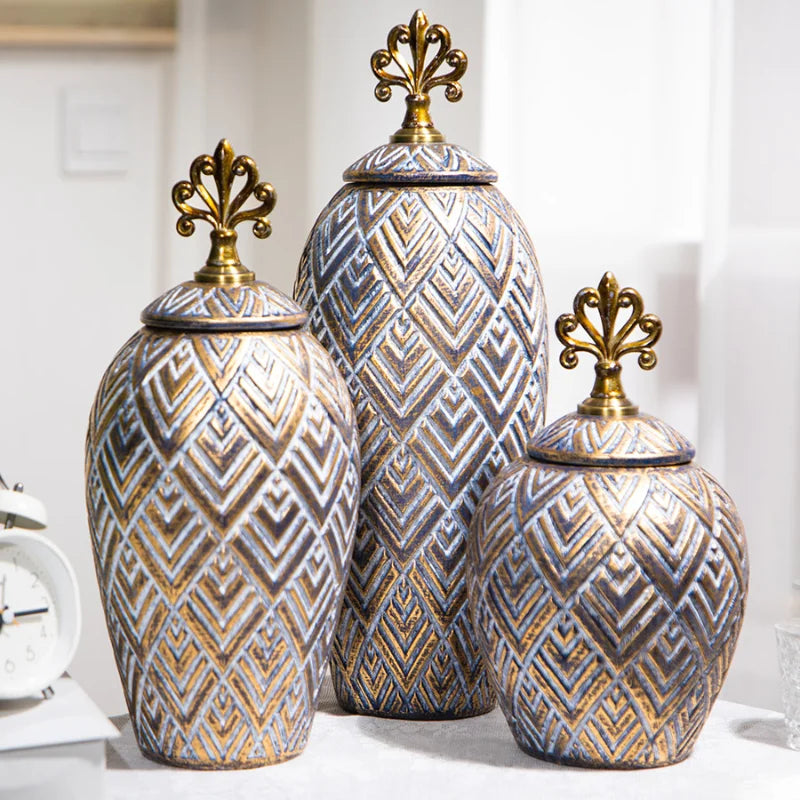 vases decoratifs bleu or bronze fleurs geometriques texturés vintage art deco