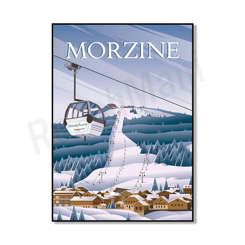 Affiche promotionnelle pour la station de ski Morzine, montrant un paysage enneigé avec des bâtiments et un téléphérique.
