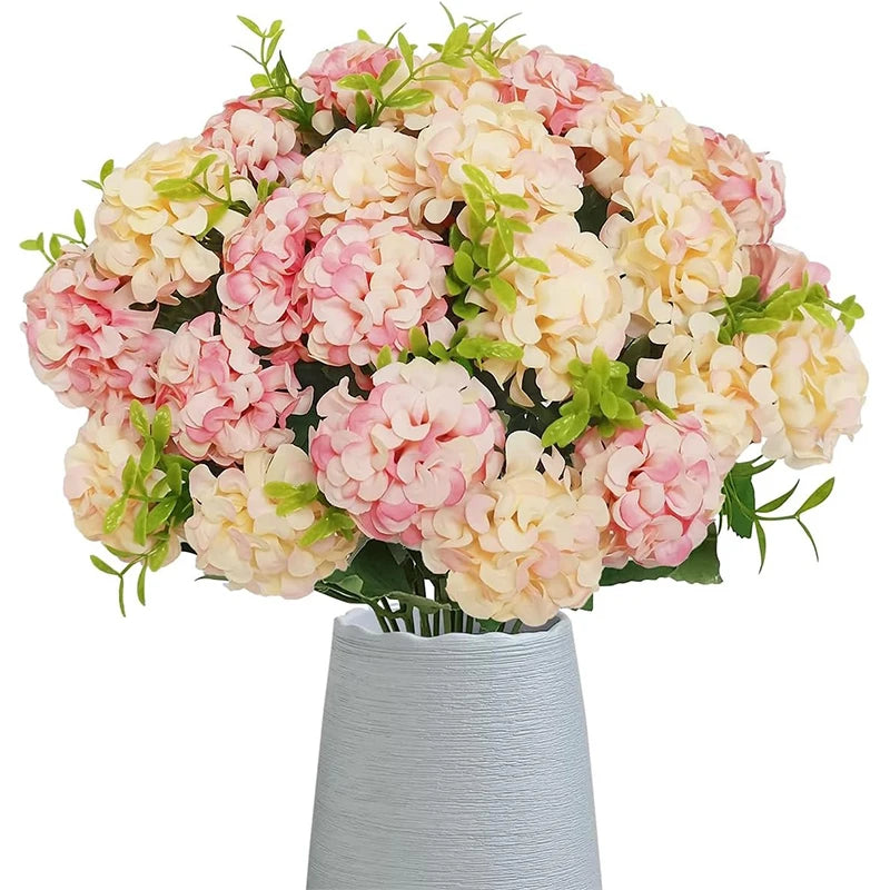 décoration intérieure bouquet hortensia artificiel soie rose clair élégant 35cm 20cm vase gris