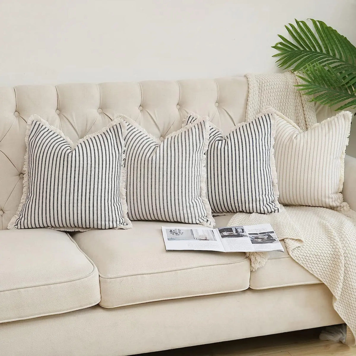 coussin carré rayures horizontales coton polyester décoration canapé rustique fixations couleur beige noir