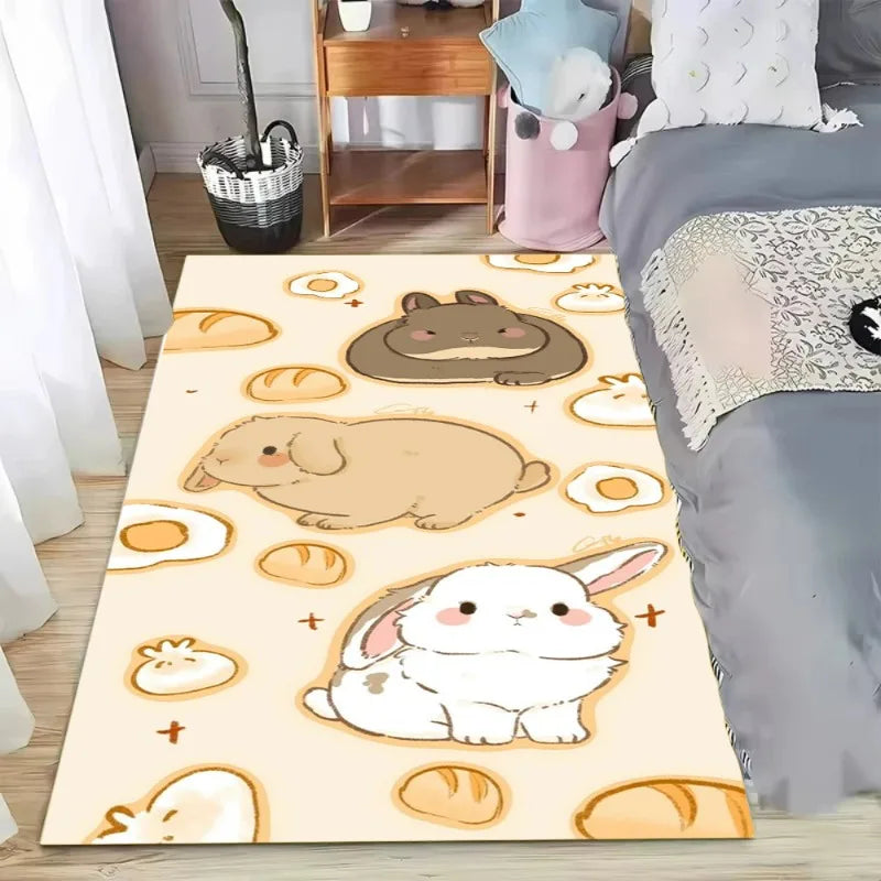 tapis moderne lapins dessins animés beige marron blanc bleu clair floral salon chambre fille