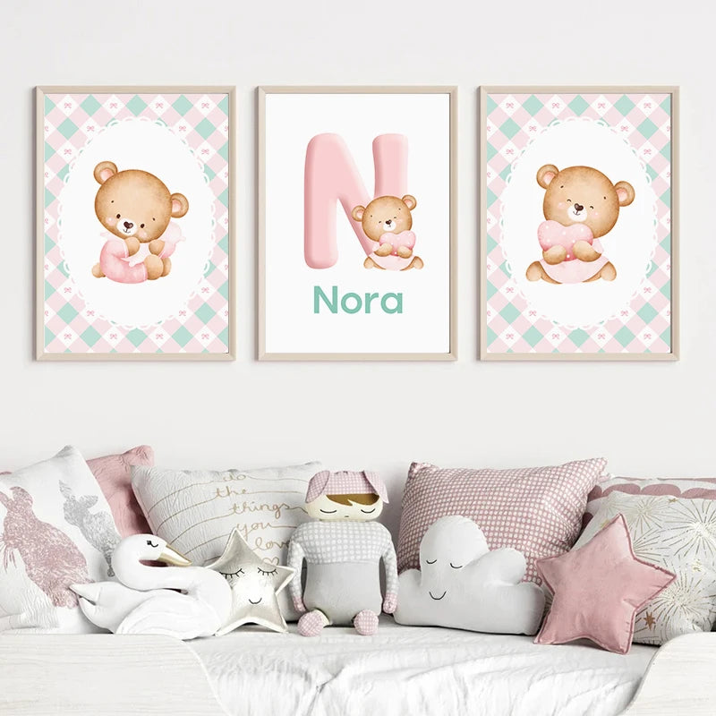 lettres alphabetiques ours mignons fond géométrique rose bleu dessin animé impressions toile sans cadre