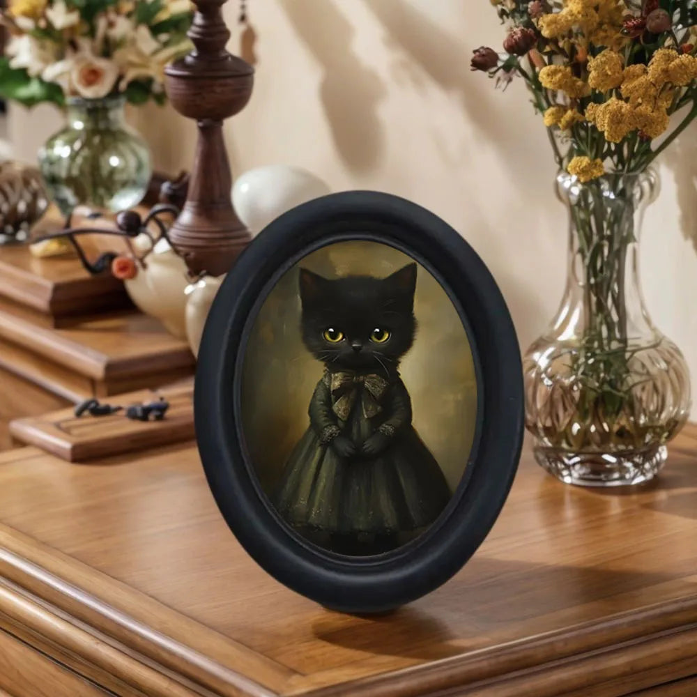 cadre photo ovale chat noir robe classique décoration murale chambre entrée victorien ornement vintage