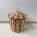 panier rangement osier traditionnel réutilisable respectueux environnement couleur beige marron clair rayures horizontales bordure