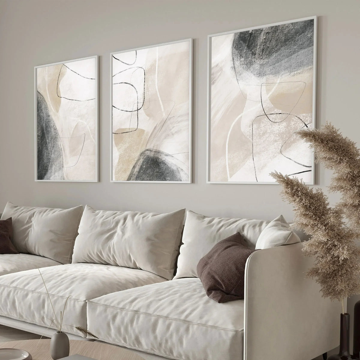 tableau abstrait motif beige gris toile coton texturée sans cadre moderne chambre salon decoration