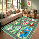 tapis jeu enfants thème urbain personnages animés rues voitures blanc rose