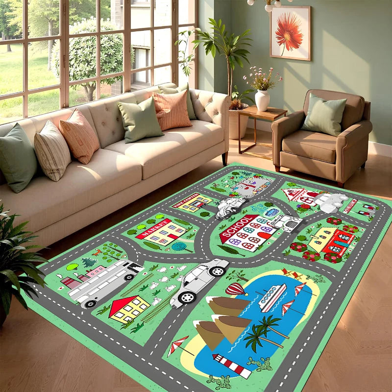 tapis jeu enfants thème urbain personnages animés rues voitures blanc rose
